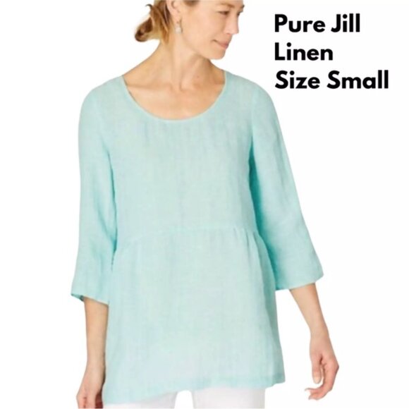 J. Jill Linen Oversized Peplum Top 3/4 Sleeve Sz S Turquoise Blue Lagenlook - Picture 4 of 7